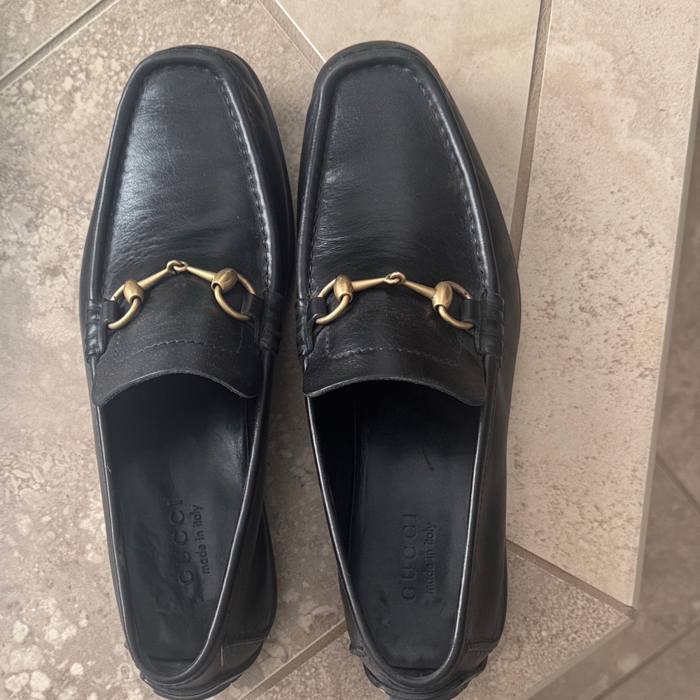 Gucci Black Leather Slip-On Loafers with Gold Detail